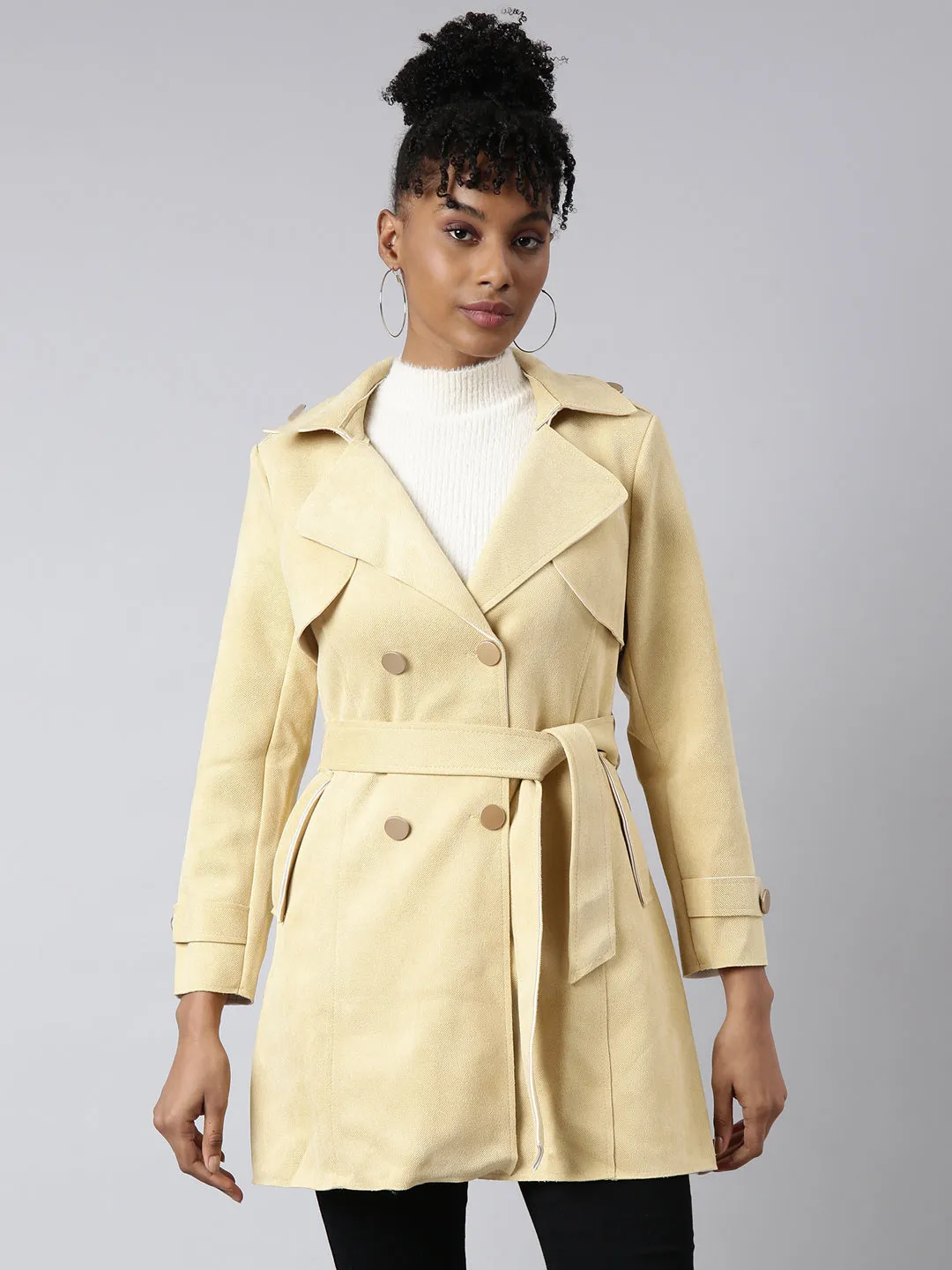 Women Solid Longline Yellow Trench Coat