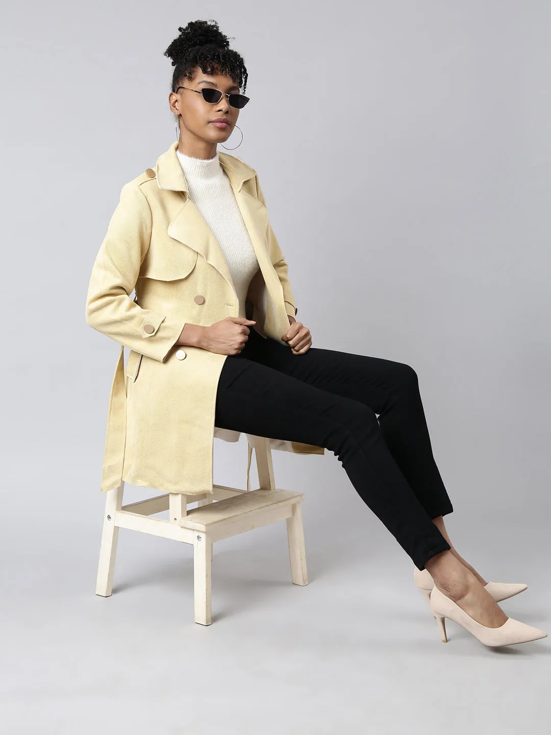 Women Solid Longline Yellow Trench Coat