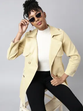 Women Solid Longline Yellow Trench Coat