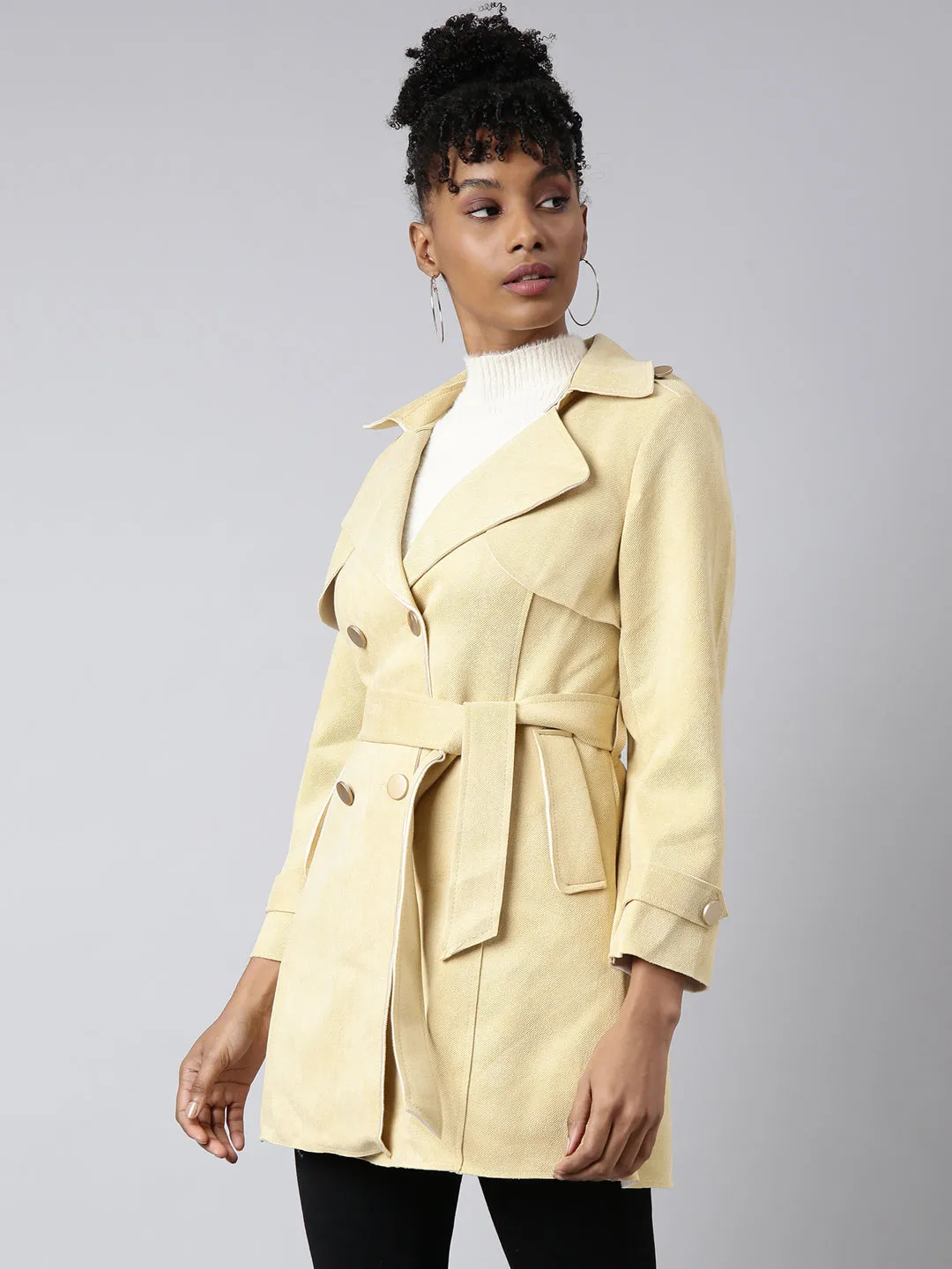 Women Solid Longline Yellow Trench Coat