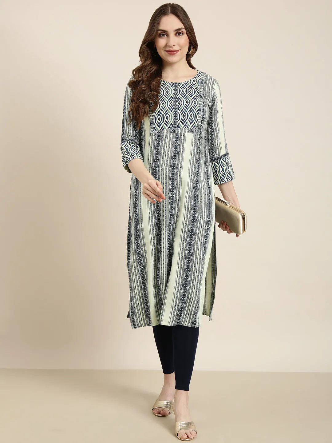 Women Straight Sea Green Striped Kurta