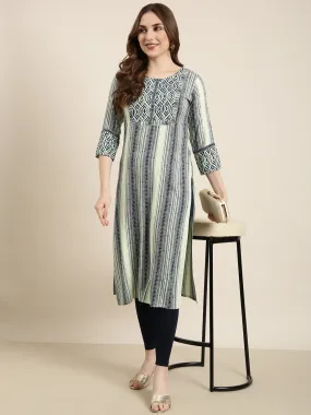 Women Straight Sea Green Striped Kurta