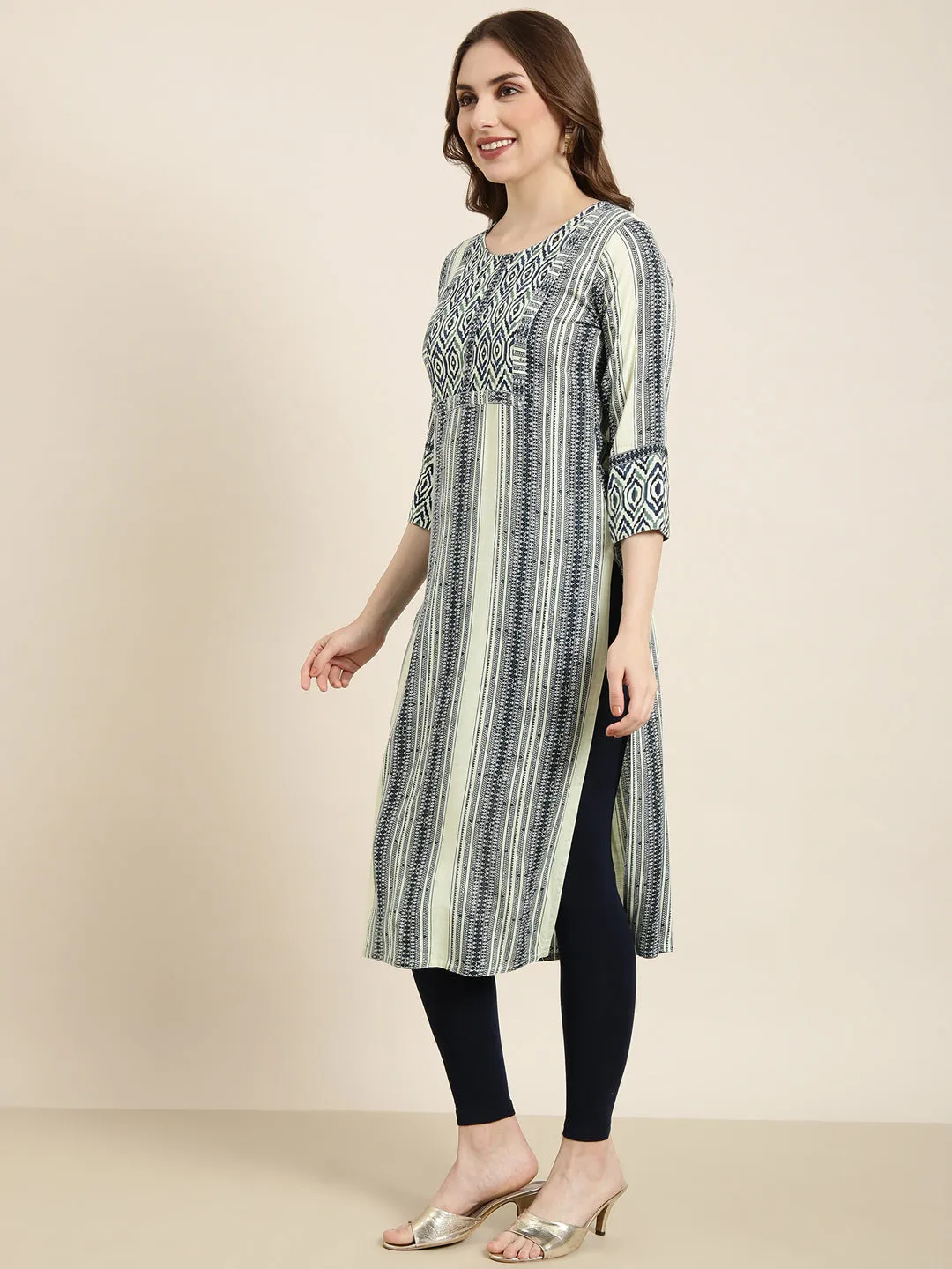 Women Straight Sea Green Striped Kurta