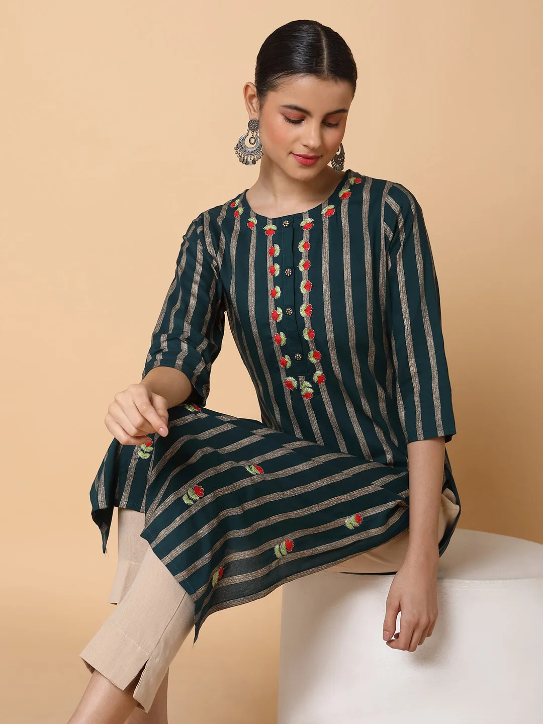 Women Striped Green Straight Kurta