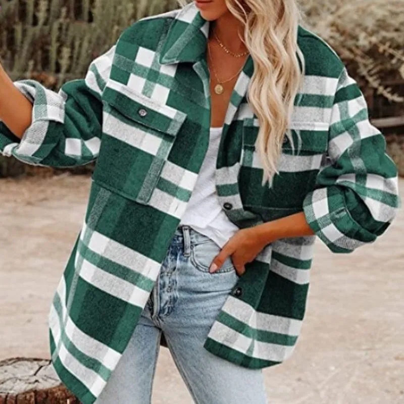 Women's Autumn Winter Long Sleeve Loose Plaid Shirt Coat