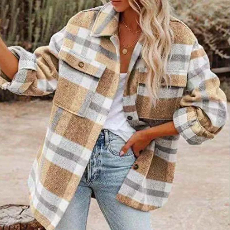 Women's Autumn Winter Long Sleeve Loose Plaid Shirt Coat