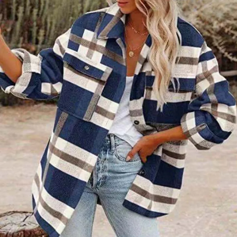 Women's Autumn Winter Long Sleeve Loose Plaid Shirt Coat