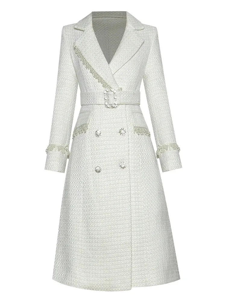 Women's Classic Luxe White Tweed Long Coat