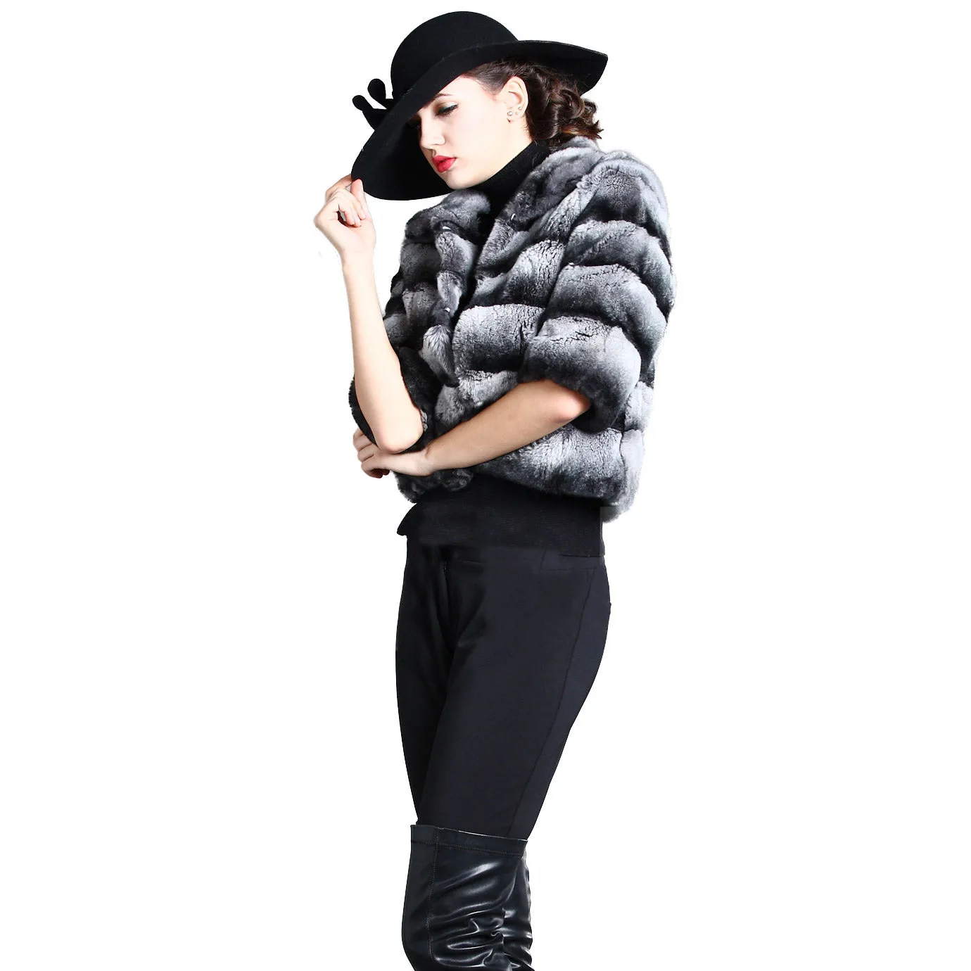 Women's Genuine Rabbit Fur Coat Women Half Sleeve Winter jacket 15193