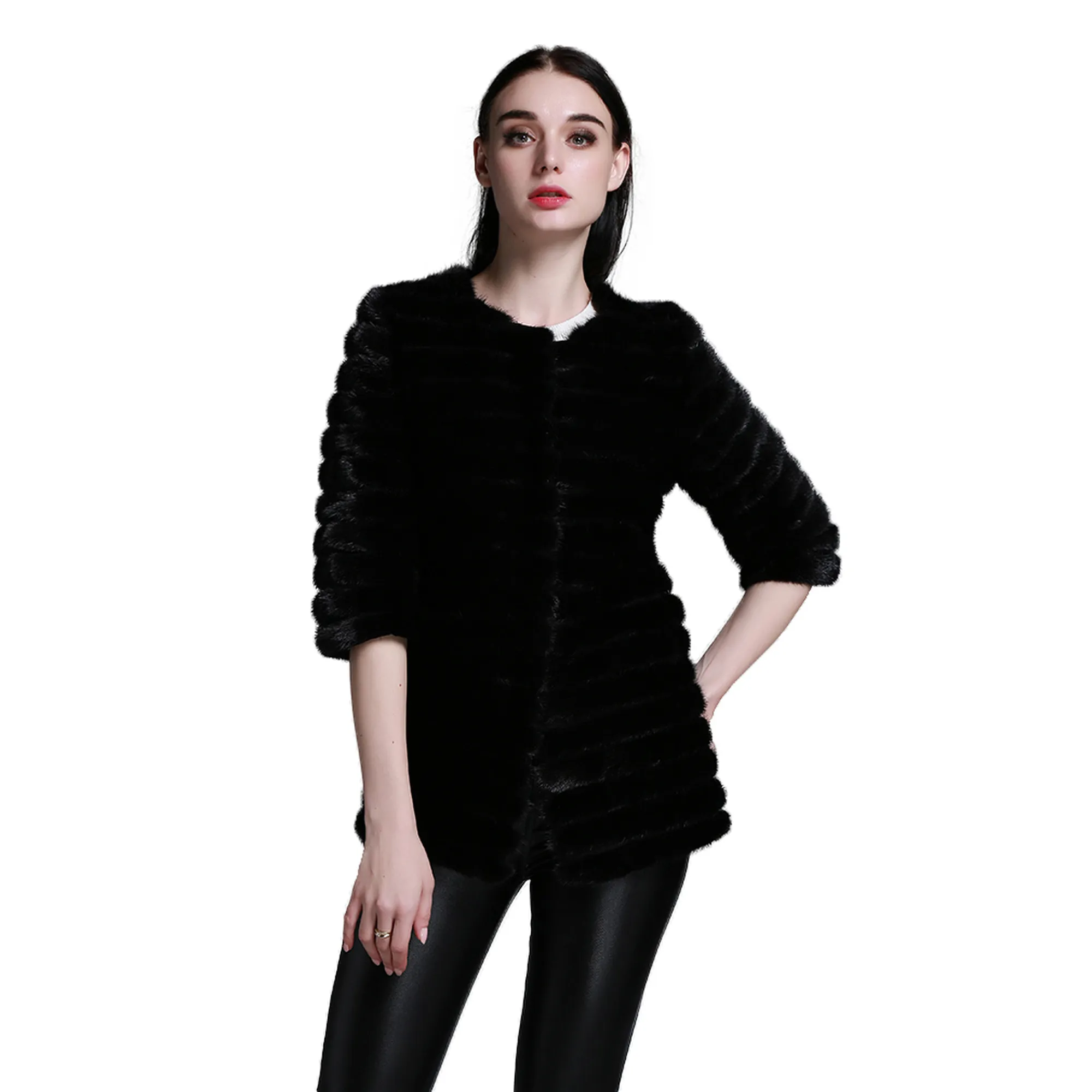 Women's Natural Mink Fur Coat Women Half Sleeve Stripes 13087