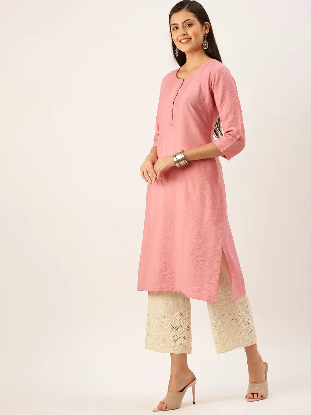 Women's Pink Solid Straight Kurta