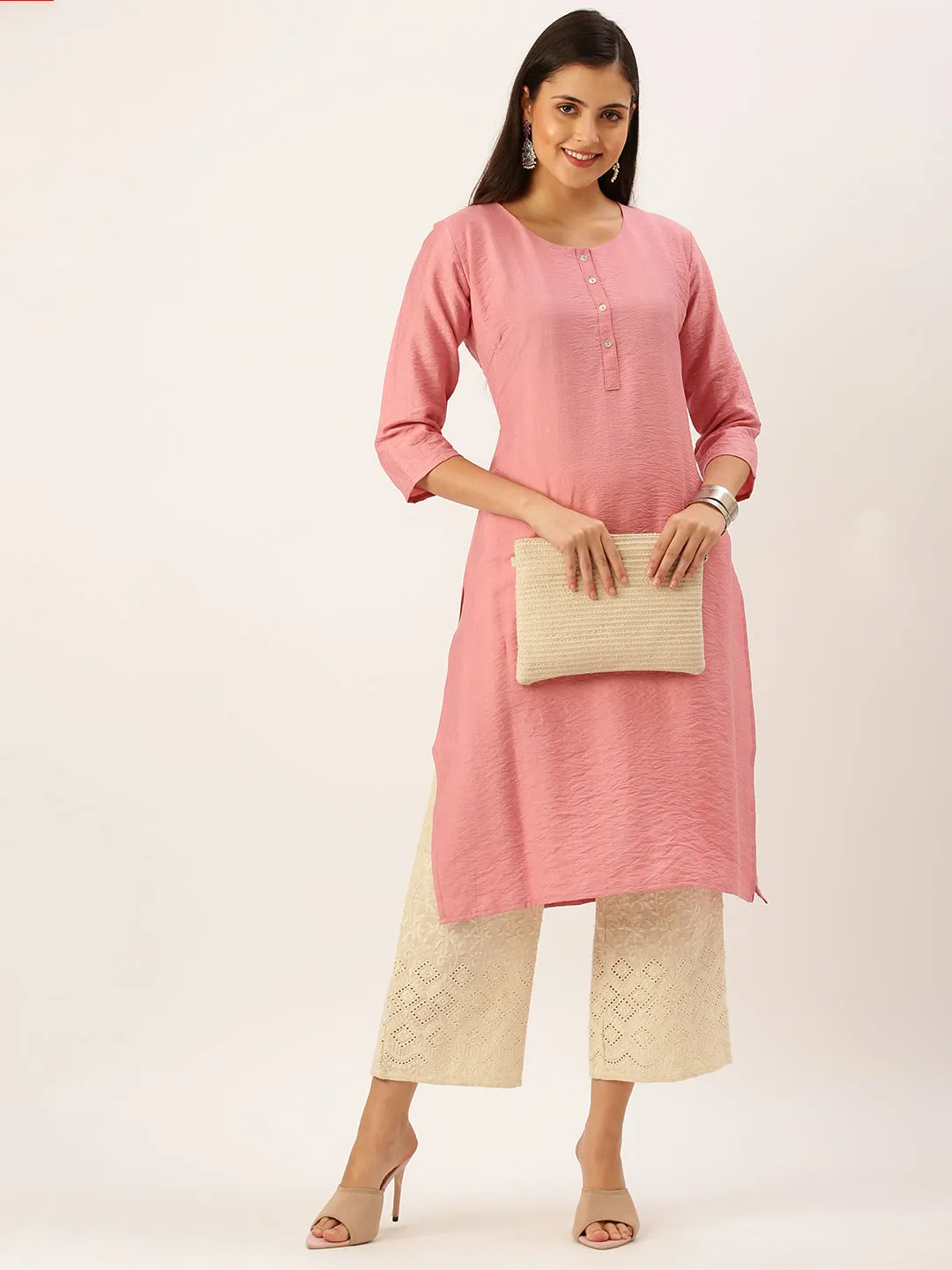 Women's Pink Solid Straight Kurta