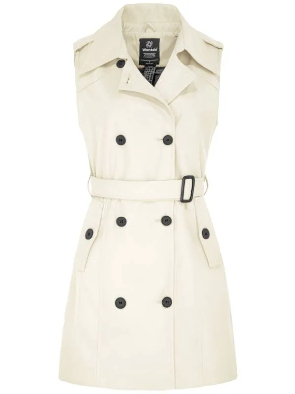 Women's Sleeveless Waterproof Trench Coat Double-Breasted Jacket with Belt