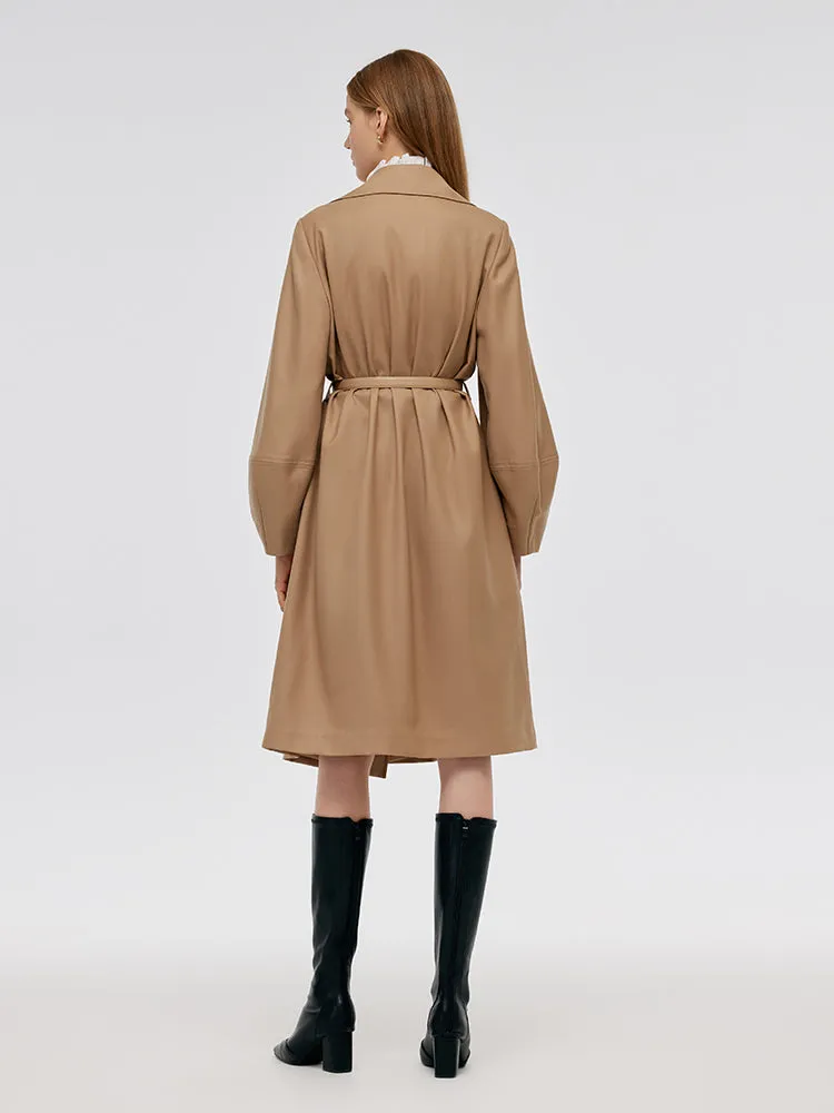 Worsted Wool Lantern Sleeve Women Trench Coat With Leather Belt