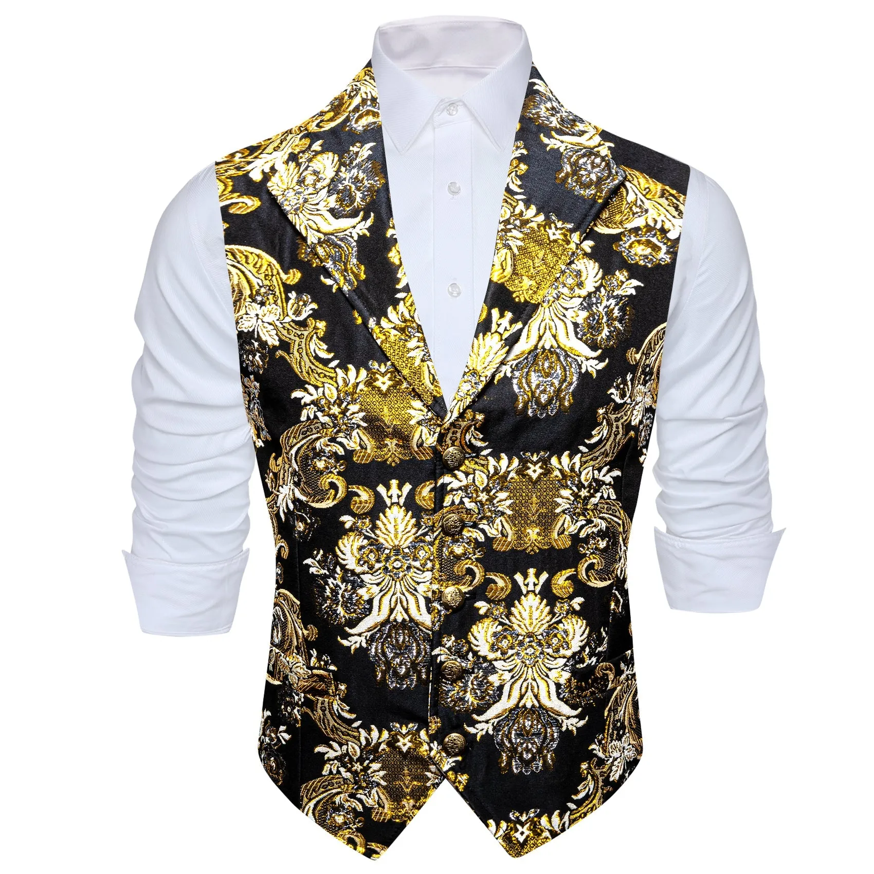 Yellow Black Floral Jacquard Men's Collar Suit Vest