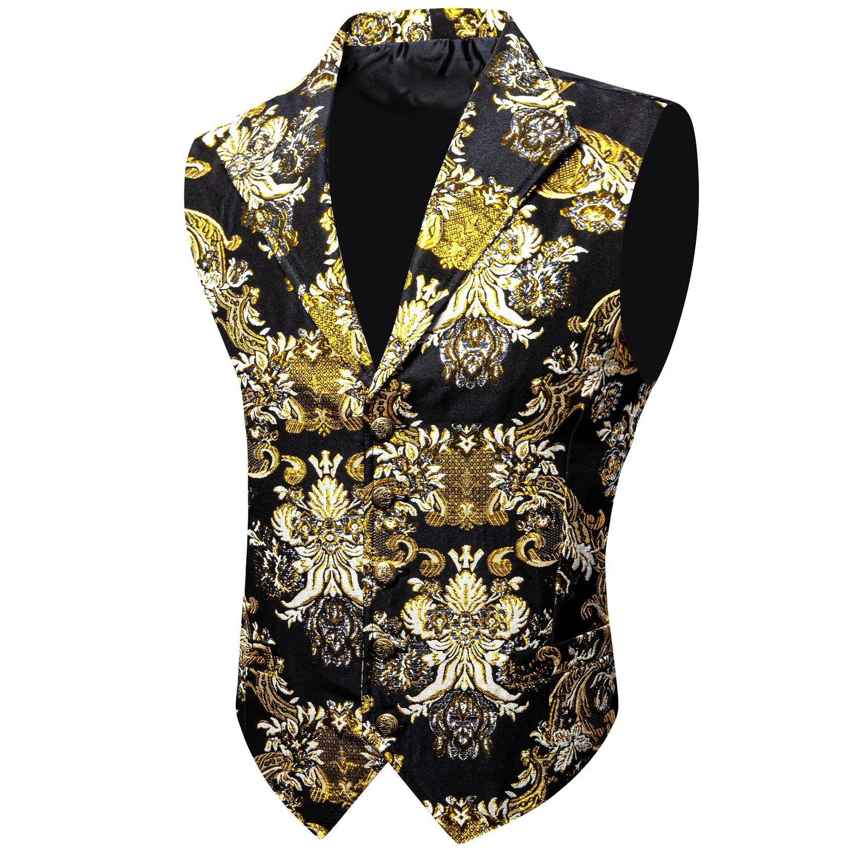 Yellow Black Floral Jacquard Men's Collar Suit Vest