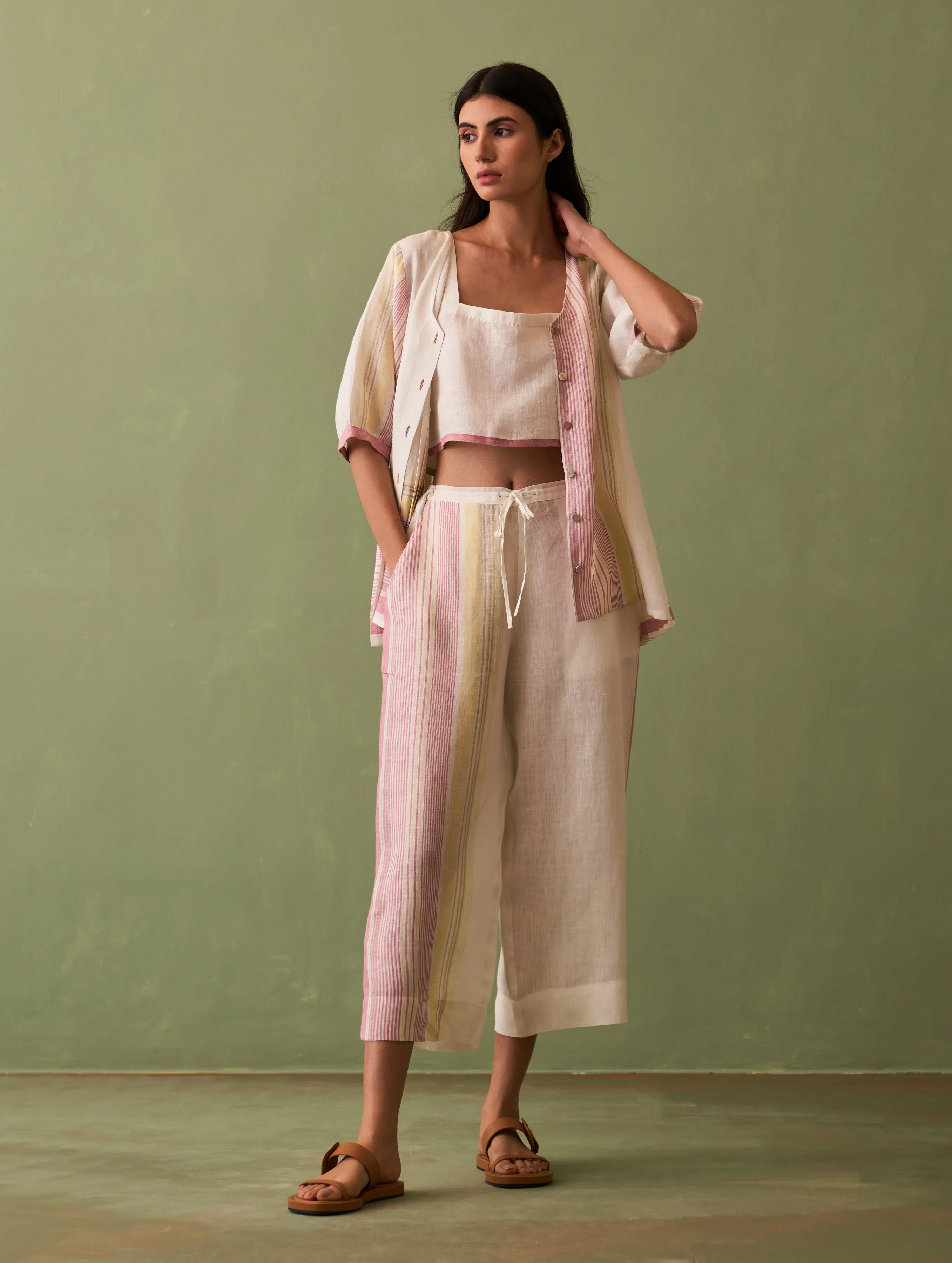 Yuri Border Linen Pant - Ivory